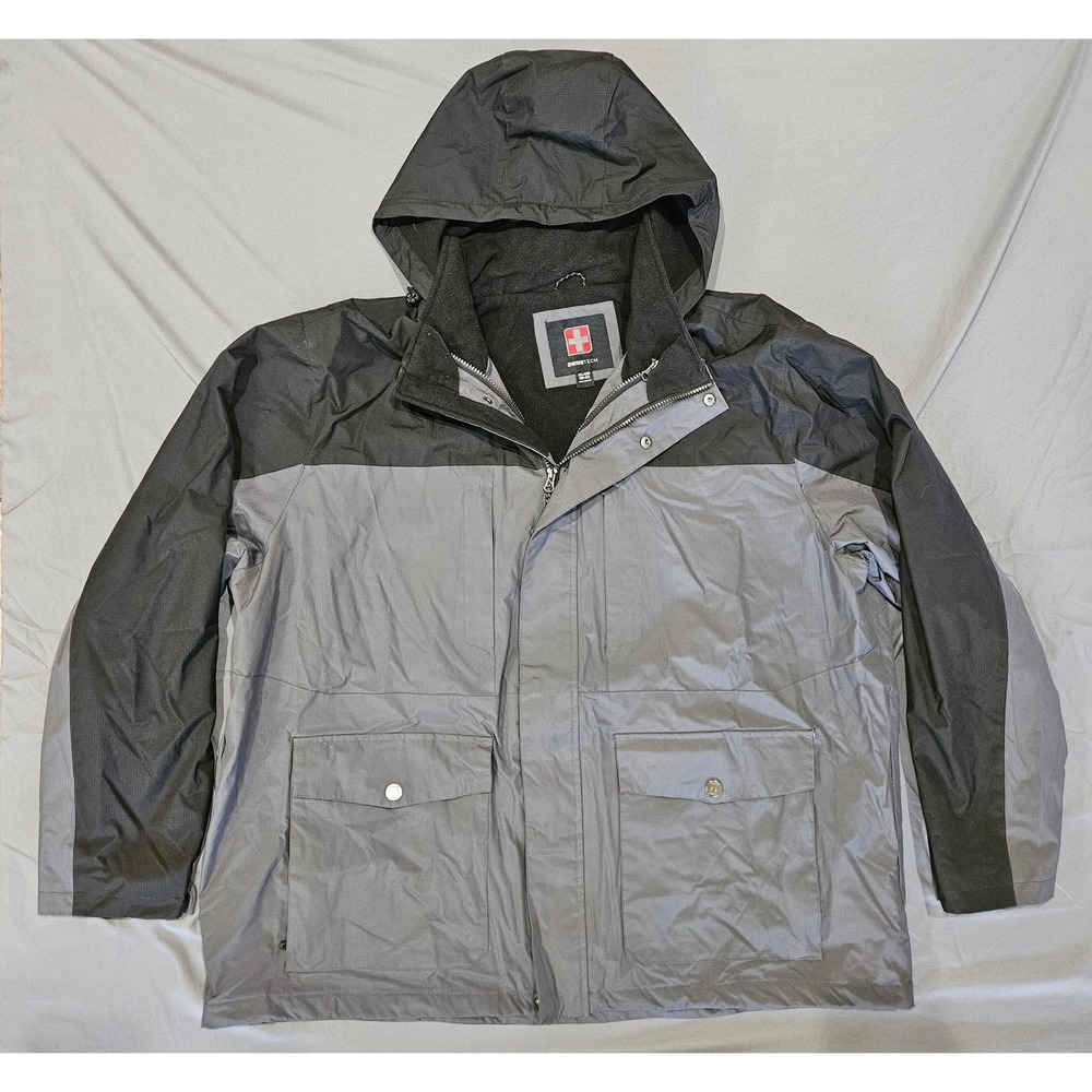 Swiss Tech Hooded Jacket Men 2XL Grey Fleece Lined Ripstop Utility